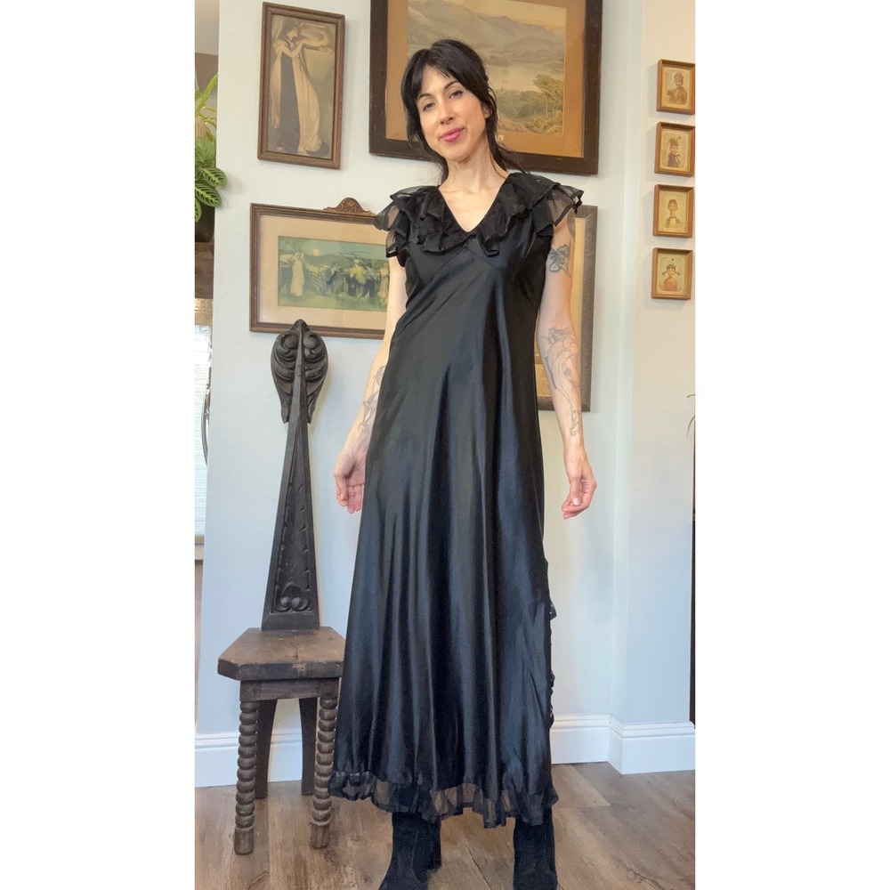 Vintage Black Satin Ruffle Maxi Dress Gothic lingerie slip Gown Sheer Trim Slit